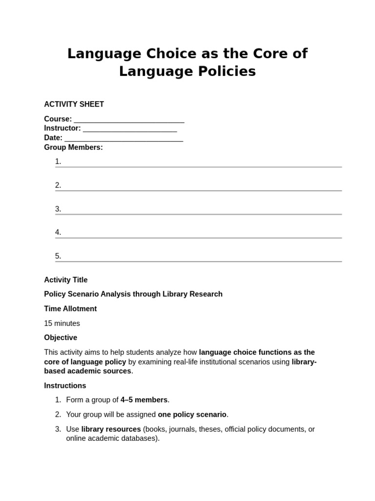 Language Choice As The Core of Language Policies Activity Sheet | PDF
