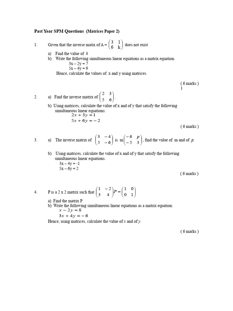 Matrix SPM Past Year | PDF | Matrix (Mathematics) | Mathematical Relations