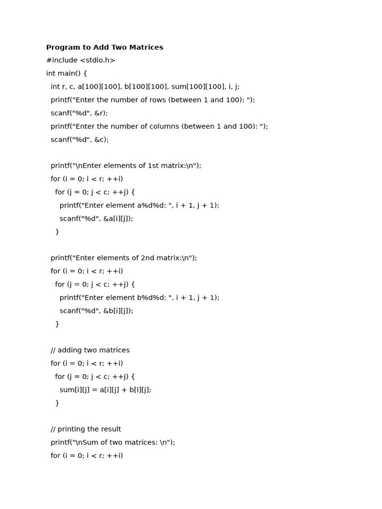 Program To Add Two Matrices | PDF