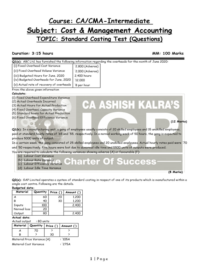 (CMA) Standard Costing Test | PDF | Variance | Cost