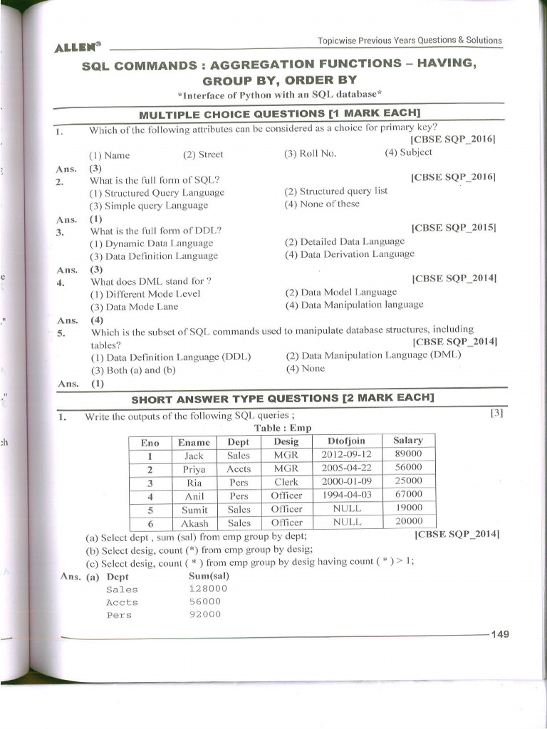 SQL Commands Aggregation Functions-Having, Group By, Order by | PDF