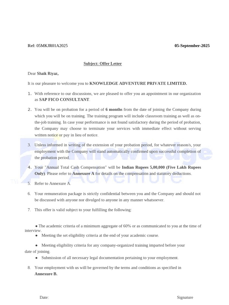 Knowledge Adventure Sample Offer Letter., Word | PDF