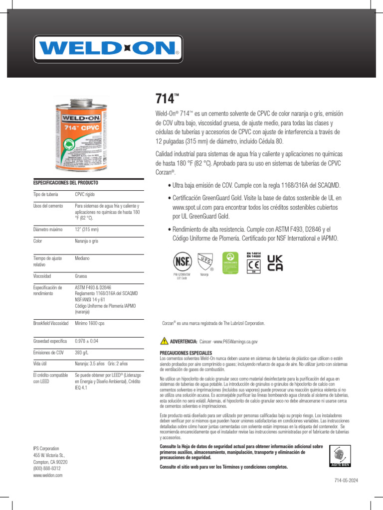 Ficha Tecnica Pegamento CPVC 714 Data Sheet Spanish 1 | PDF | Agua ...
