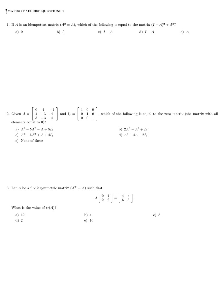 MAT1821 ENG Practice Questions 1 | PDF | Matrix (Mathematics ...