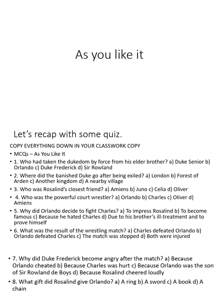 As You Like It PPT Class 8 | PDF | As You Like It