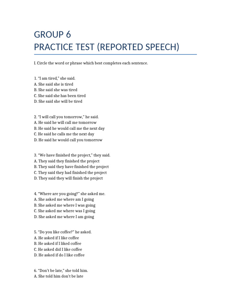 Reported Speech Test | PDF