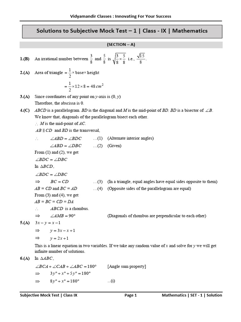 CLASSIXMathematicsSET1PaperSolutions2026 PDF | PDF | Classical Geometry ...