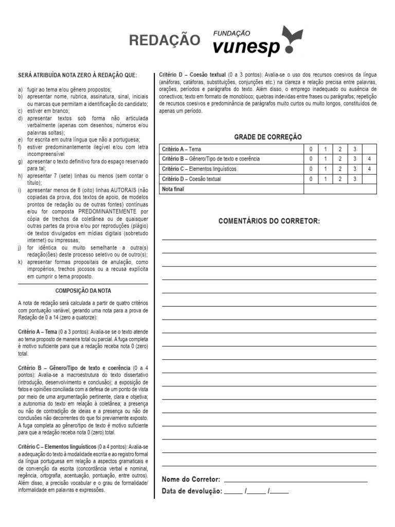 Folha de Redacao VUNESP - 2025 | PDF | Linguística