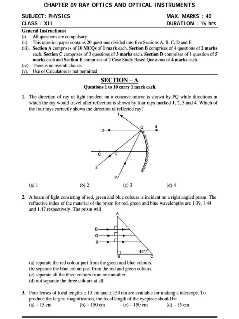 XII Unit Ray Optics Physics Assignment | PDF
