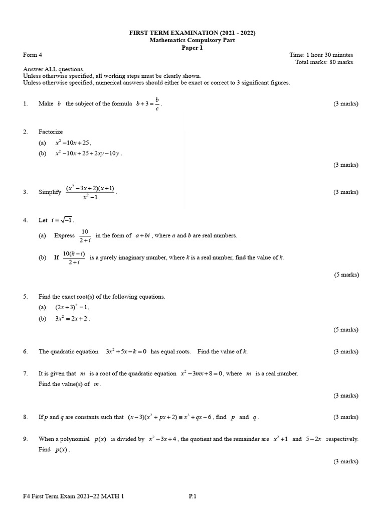 Sy f4 2021 2022 First Exam Paper One | PDF | Quadratic Equation ...