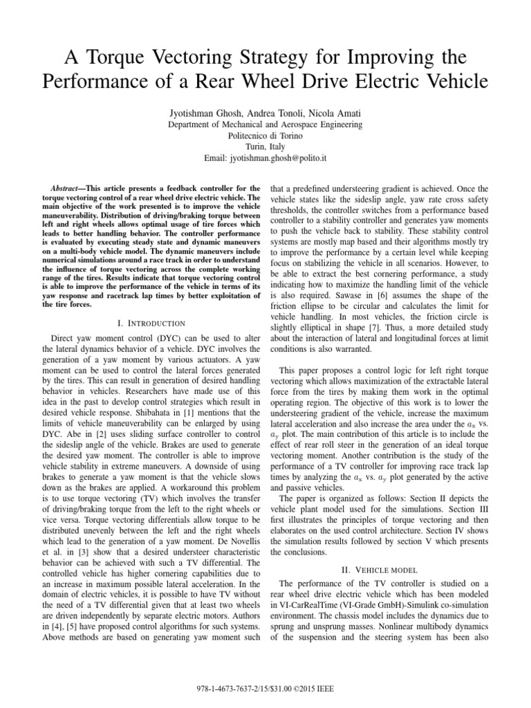 A Torque Vectoring Strategy For Improving The Performance of A Rear ...