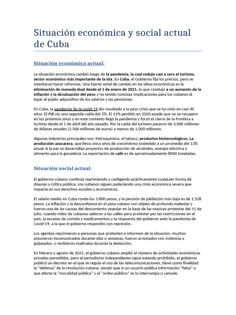 Situación Económica y Social Actual de Cuba | PDF | Cuba | Turismo