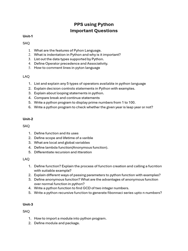 PPS Using Python Important Questions, Unit-1,2,3,4,5 | PDF | Python ...