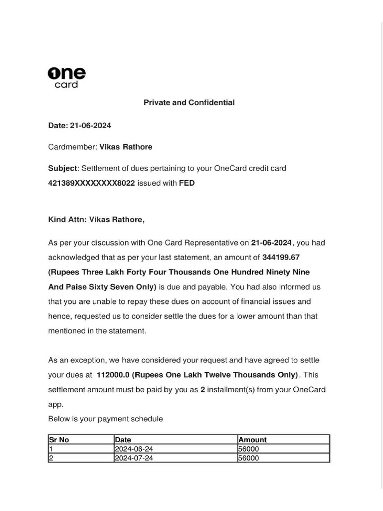 One Card Settlement Letter | PDF