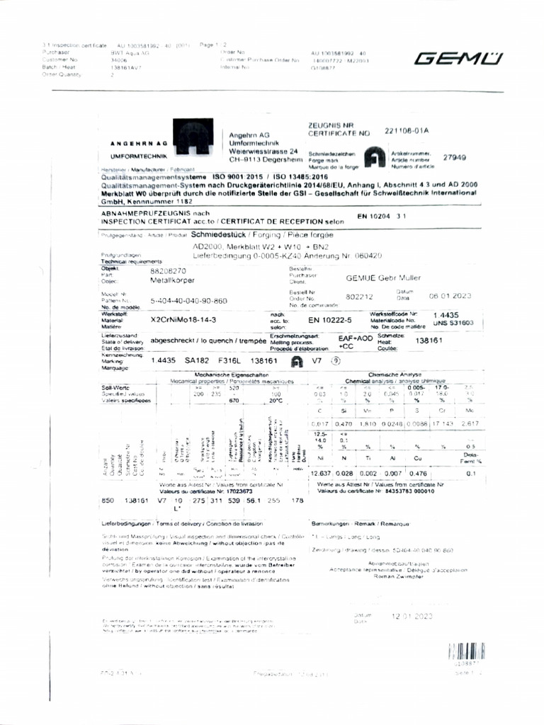 WFIG 01 GEMU Valve Certificate | PDF