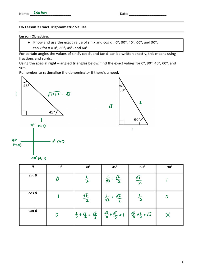 U6L2 Exact Trig Values Values | PDF | Trigonometry | Elementary Geometry