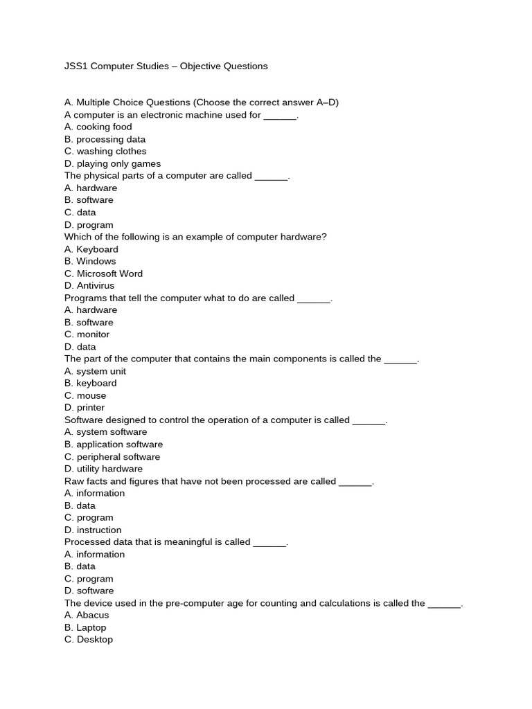 JSS1 Computer Studies - Objective Questions | PDF