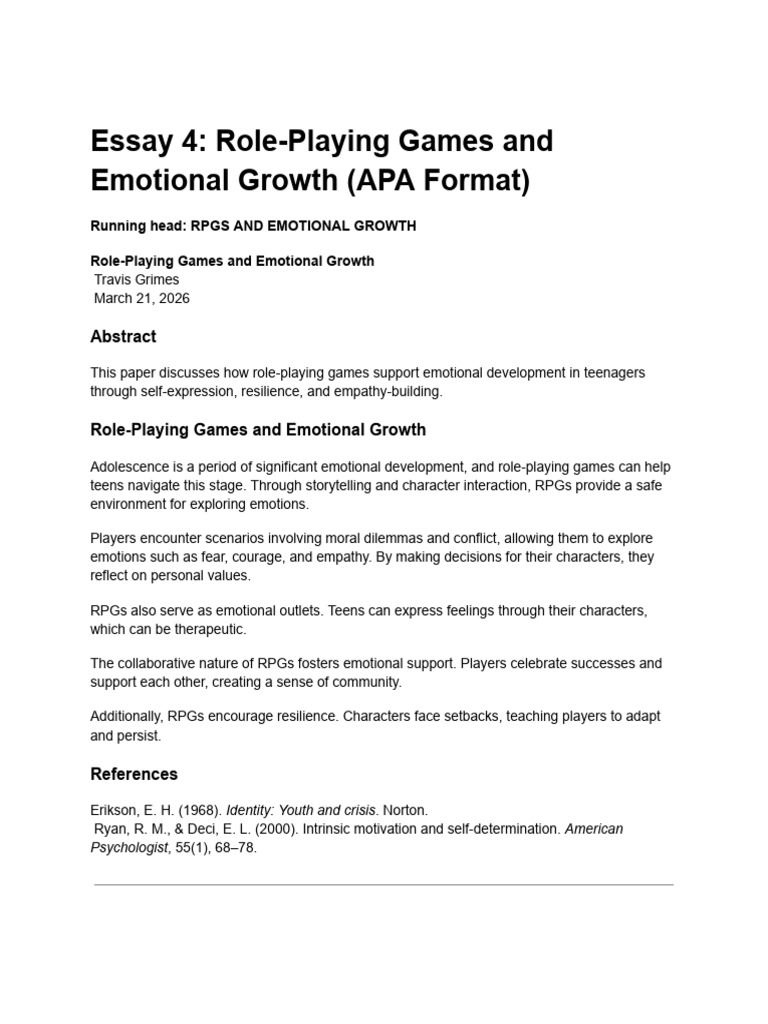 Essay 4 - Role-Playing Games and Emotional Growth (APA Format) | PDF