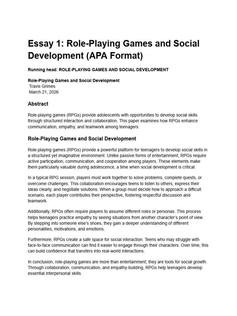 Essay 1 - Role-Playing Games and Social Development (APA Format) | PDF