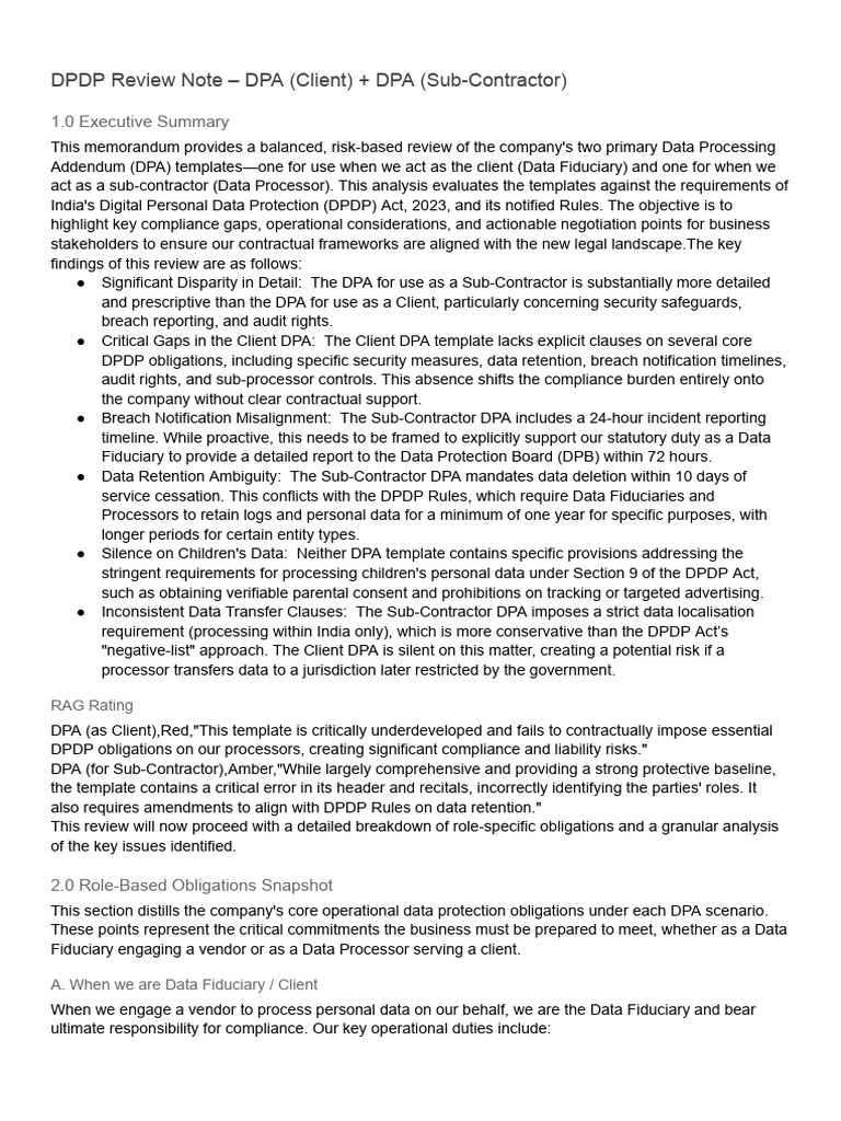 DPDP Review Note - DPA (Client) + DPA (Sub-Contractor) | PDF ...