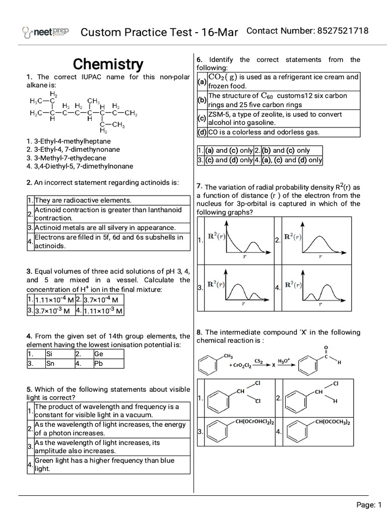 Custom Practice Test 16 Mar | PDF | Chemical Elements | Light