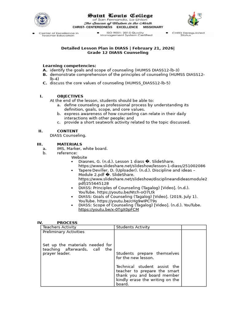 Detailed Lesson Plan Counseling | PDF | Psychotherapy | Self-Management