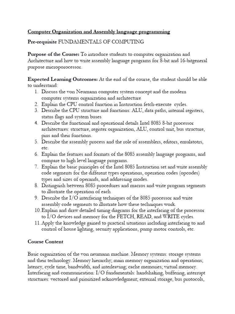 Computer Organization and Assembly Language Programming Course Outline ...