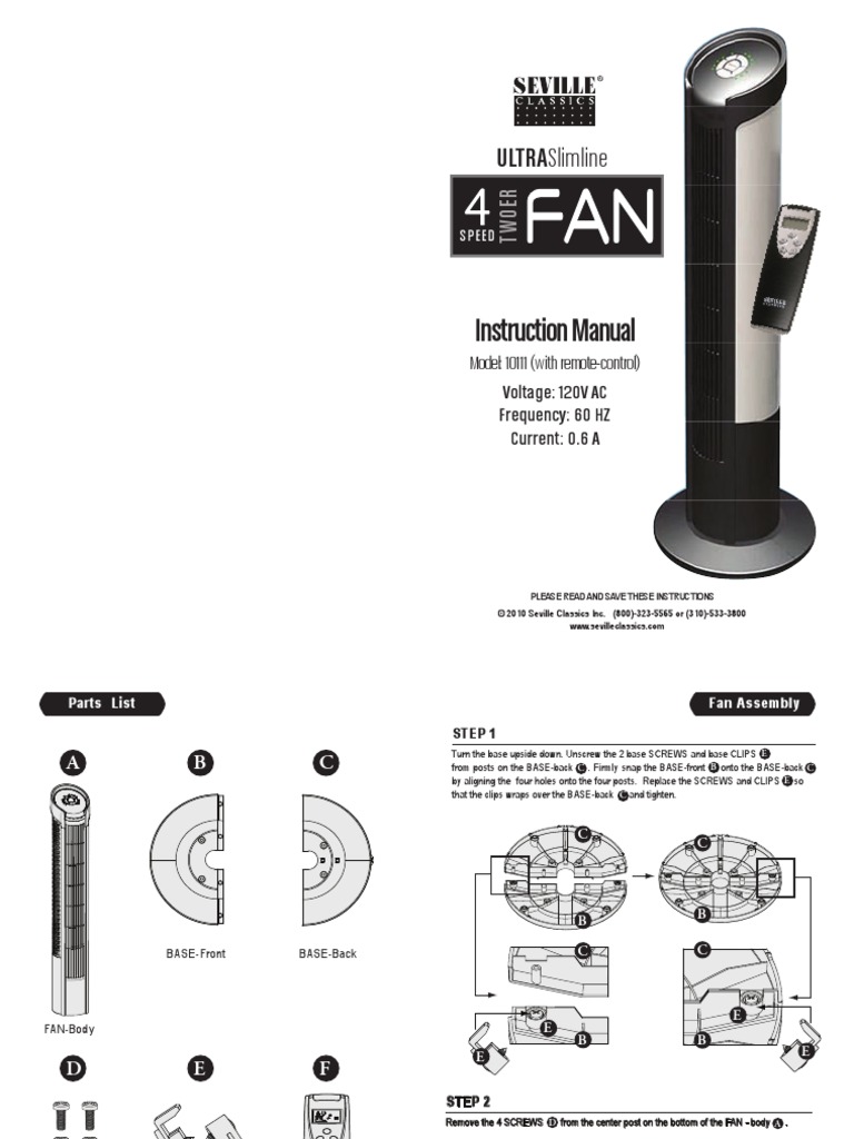 Seville Classic Tower Fan 2011 Instruction Sheet (31!08!2011) Ac Power Plugs And Sockets Wound