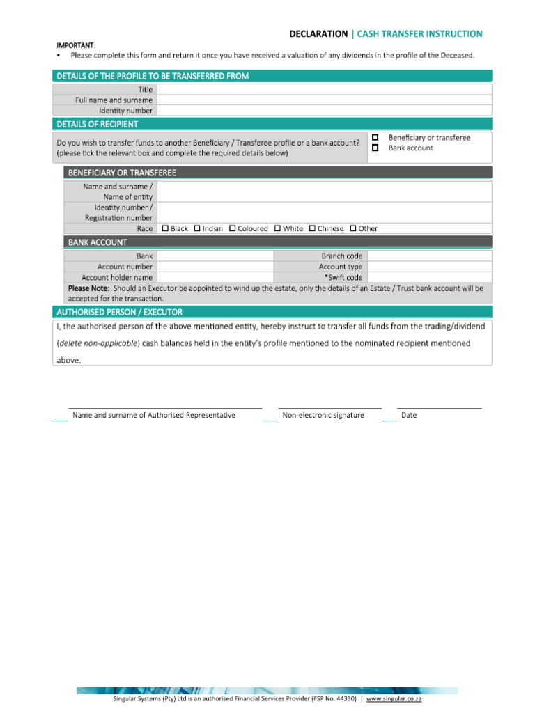 Declaration Cash Transfer Instruction Form | PDF
