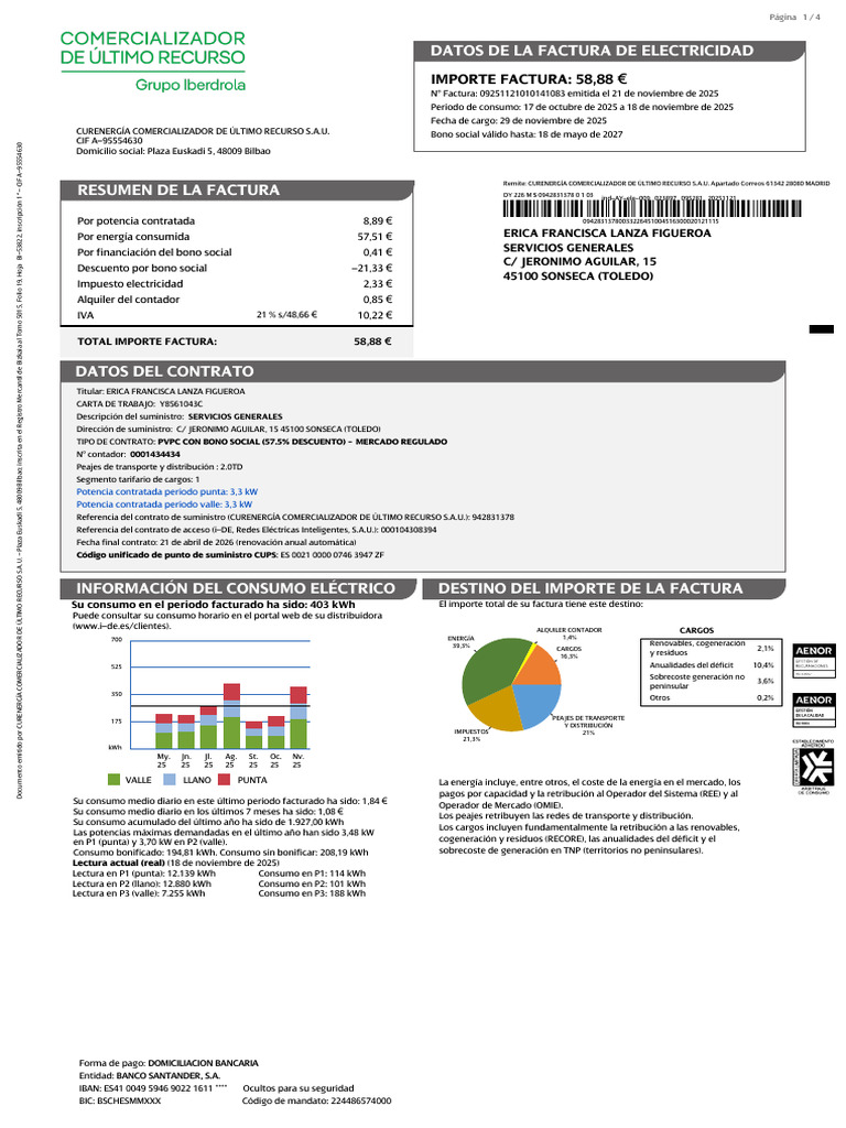 Datos de La Factura de Electricidad | PDF | Factura