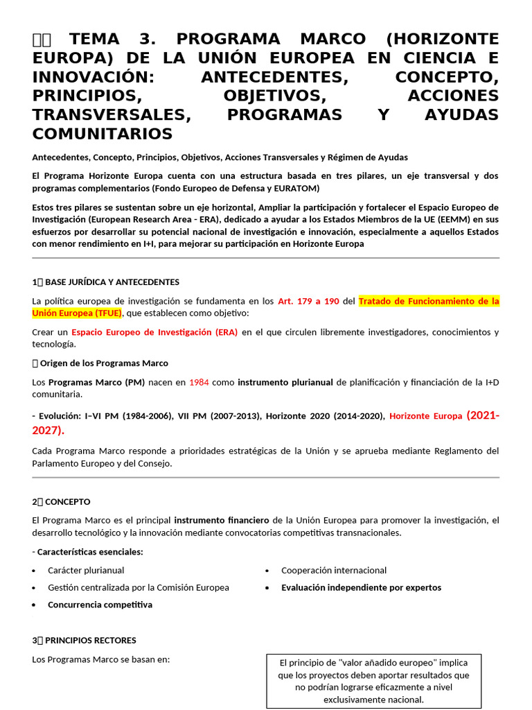 Tema 3. Program. Marco Horizonte Europa | PDF | Unión Europea | Innovación