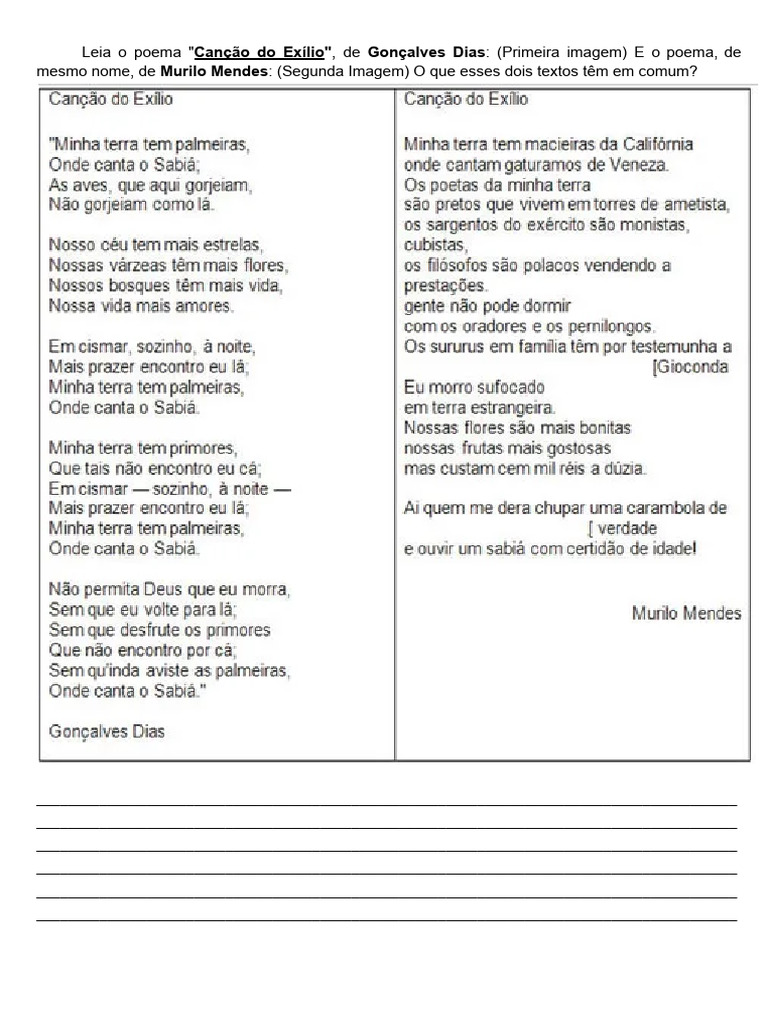 POEMA de - Canção Do Exílio - , de Gonçalves Dias e POEMA de Murilo ...