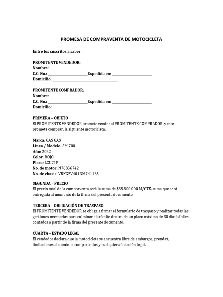 Promesa de Compraventa de Motocicleta | PDF