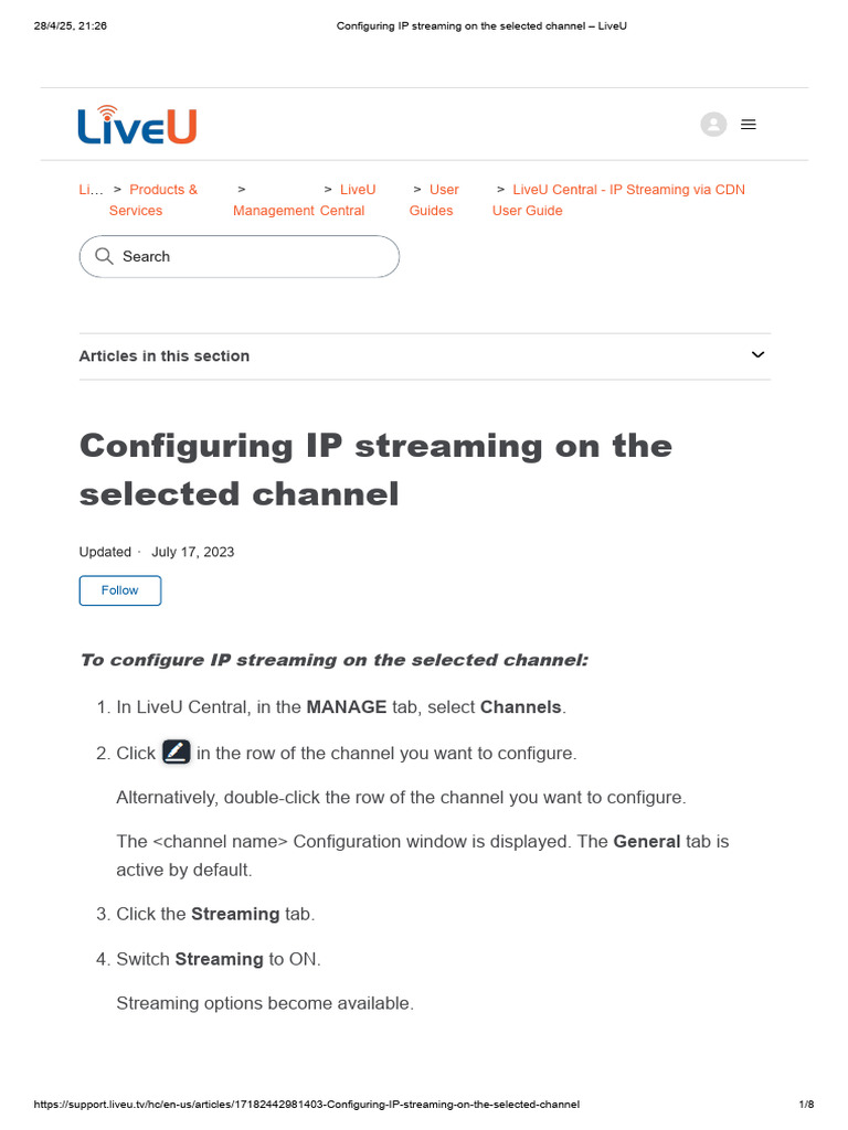 Configuring IP Streaming On The Selected Channel - LiveU | PDF | Port ...