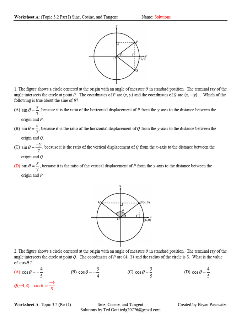 Worksheet A Key Topic 3.2 Part I Sine Cosine and Tangent | PDF ...