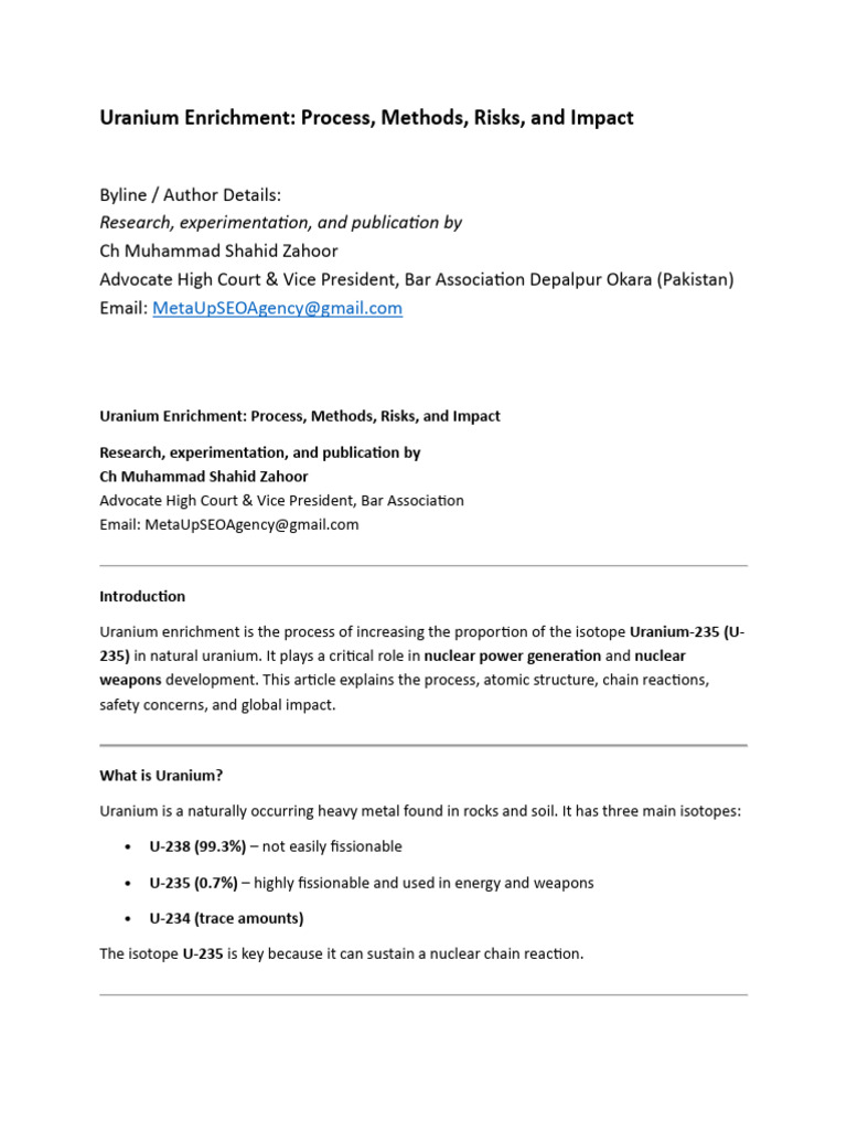 Uranium Enrichment Process Methods Risks and Impact | PDF | Enriched ...