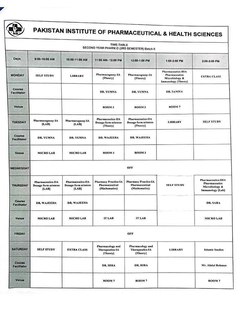 Pharm D Batch 2 Time Table | PDF