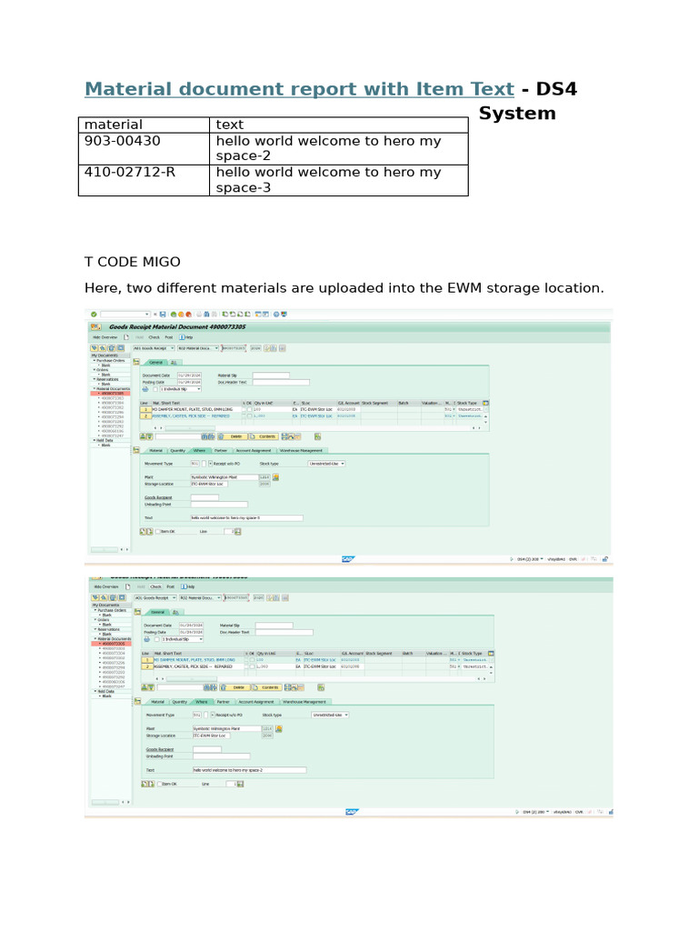 Material Document Report With Item Text | PDF