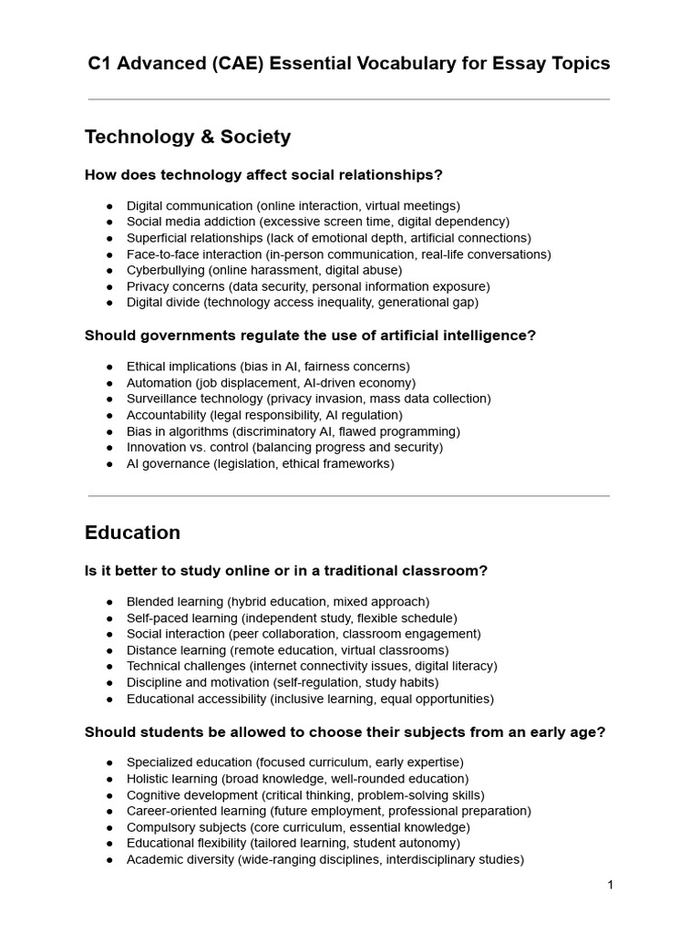 C1 Advanced (CAE) Essential Vocabulary For Essay Topics | PDF ...