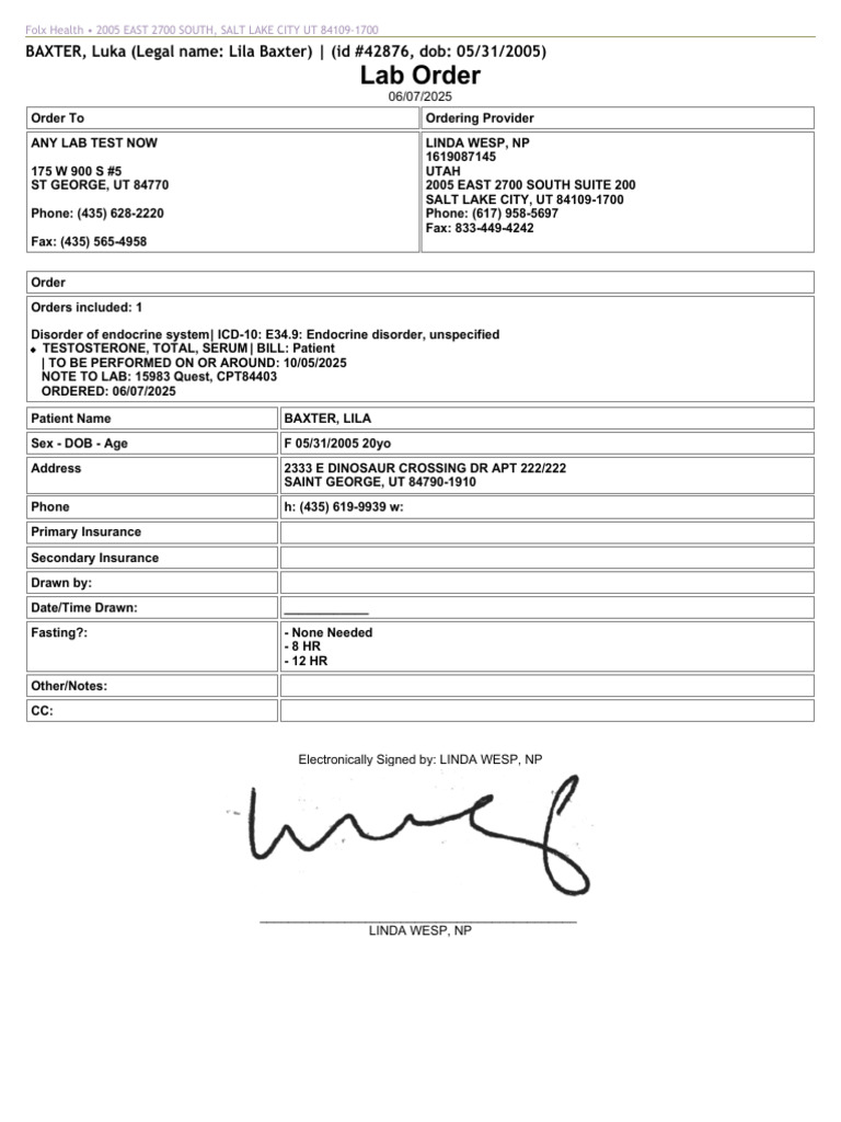 Lab Order: BAXTER, Luka (Legal Name: Lila Baxter) - (Id #42876, Dob: 05 ...