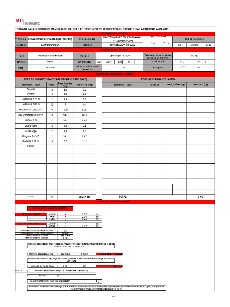 i 0049 Separeacion Tit 1200 (Ins Cup) Memoria Calculo | PDF