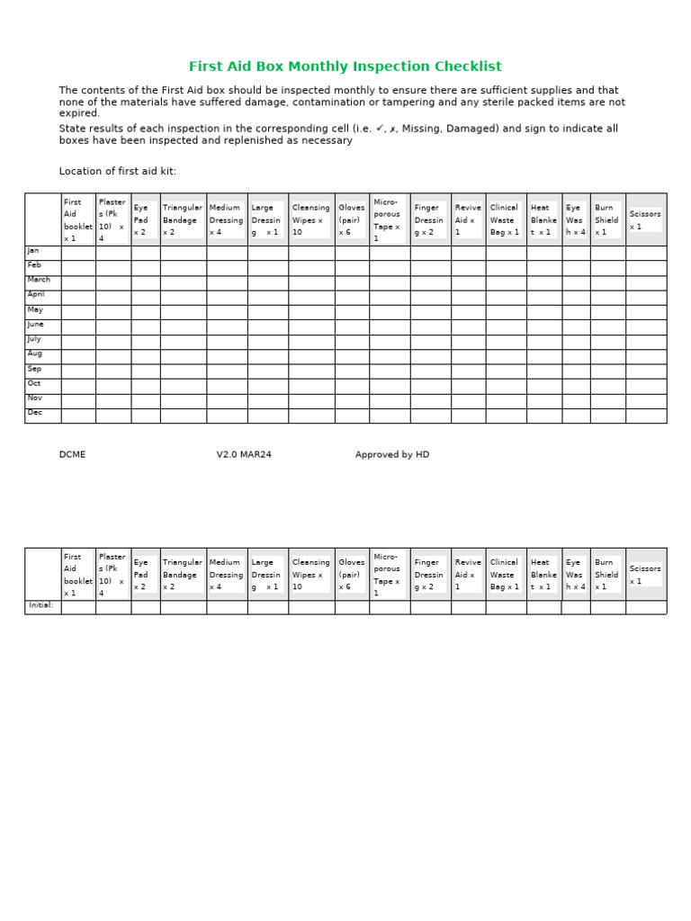 First Aid Box Checklist V2.0MAR24 - Monthly (Optional) | PDF | First ...