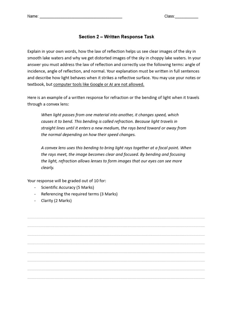 Section 2 - Written Response - Blank | PDF | Refraction | Light