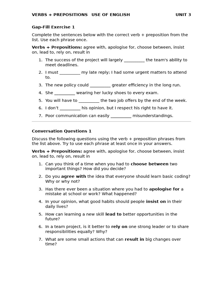 UNIT 3 - Glod Experience FCE - B2 - VERBS PLUS PREPOSITIONS | PDF ...