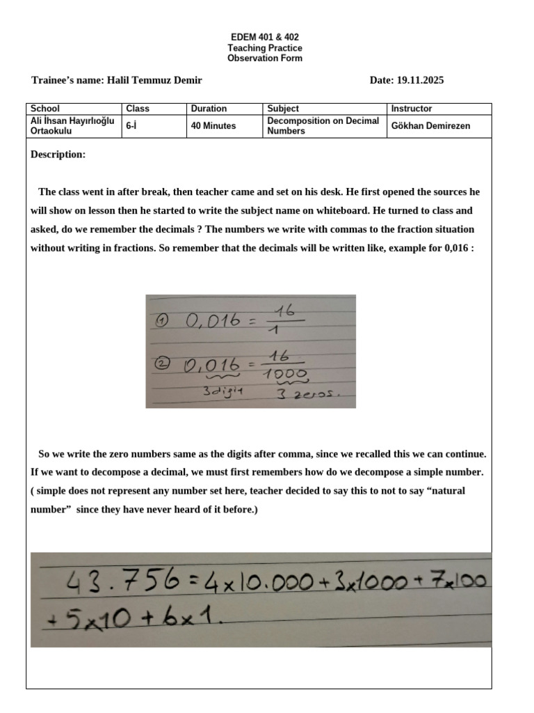 EDEM 401 - Observation Form 3 Temmuz Demir | PDF | Arithmetic | Mathematics