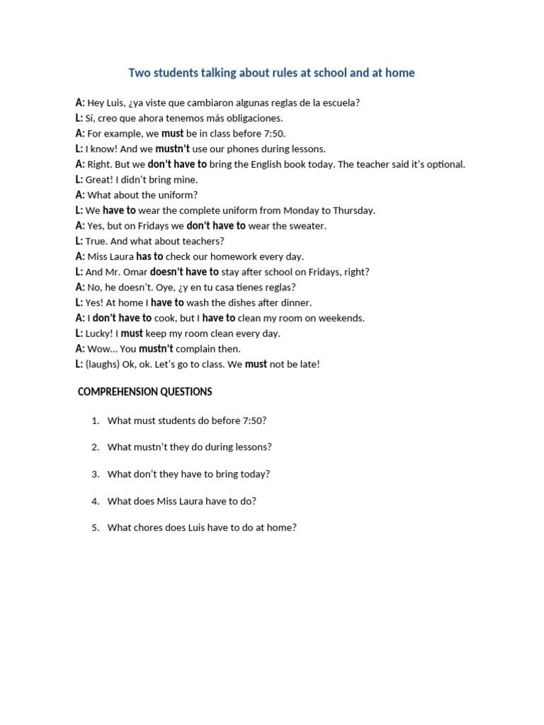 Two Students Talking About Rules at School and at Home | PDF