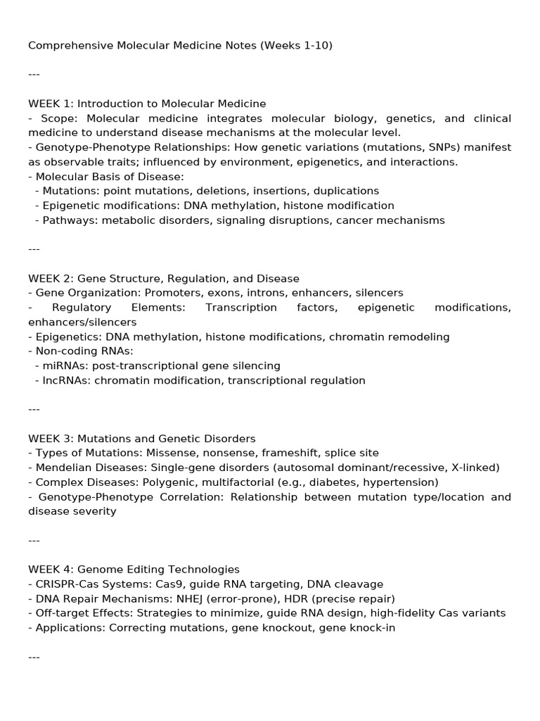 Molecular Medicine Notes Weeks 1 10-2 | PDF | Gene | Epigenetics