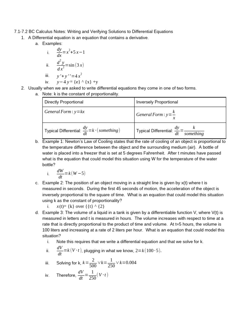 7.1-7.2 BC Calculus Notes - Writing and Verifying Solutions To ...