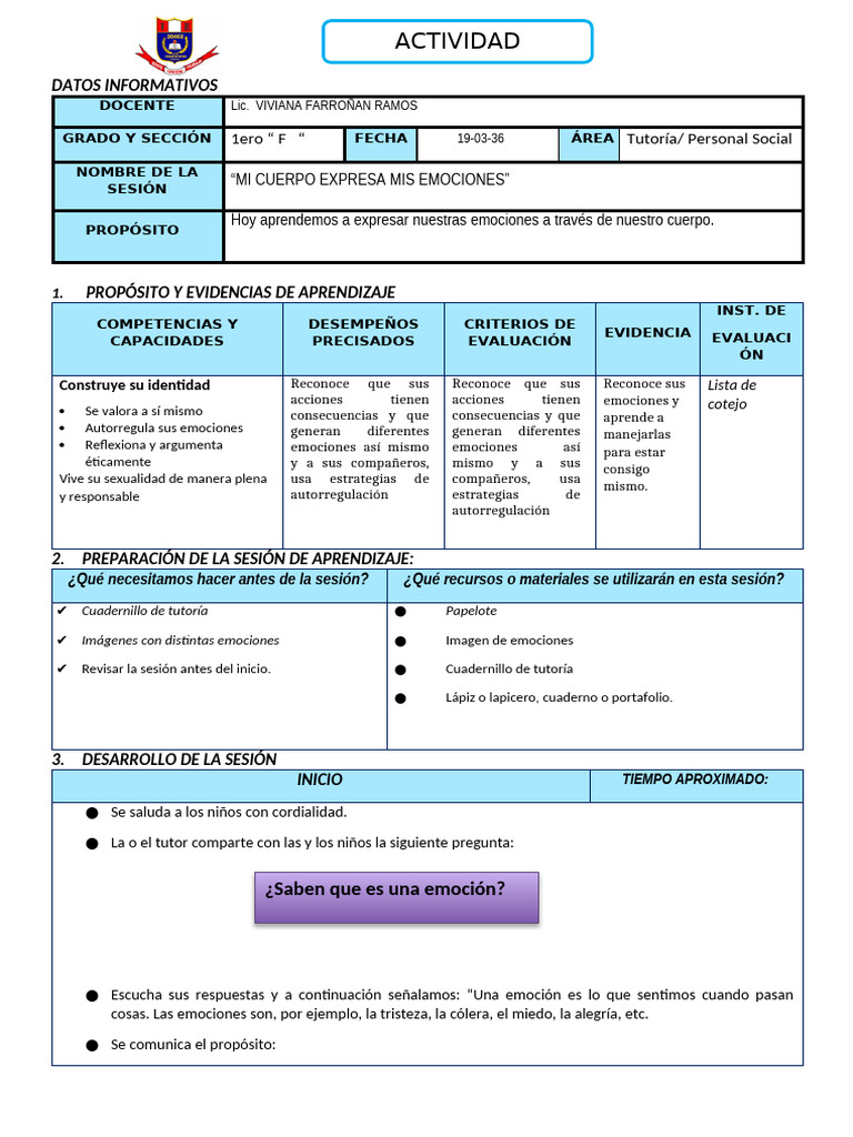 Act Tutoria Mis Emociones | PDF | Las emociones | Autorregulación emocional