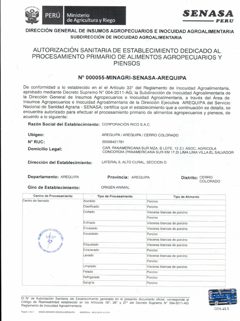 2.-Autorizacion Sanitaria Procesamiento Primario Cerdo N°000055 | PDF
